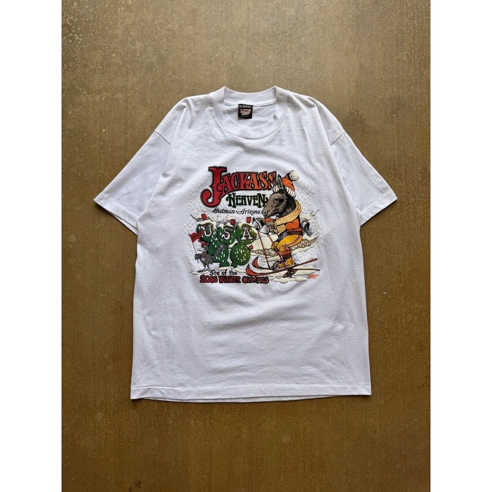 VTG 90s Jackass Parody Arizona Oatman Skiing Winter Olympics USA T-Shirt (XL)